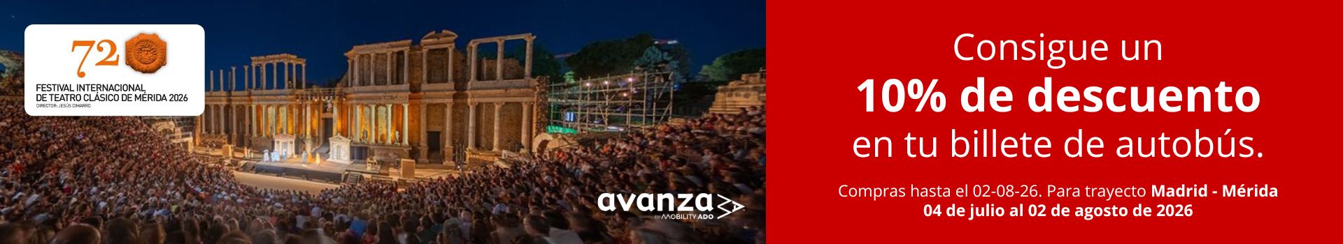 Viaja con Avanza desde Madrid al 72 Festival de Teatro Clásico de Mérida y consigue un 10% de descuento en tus billetes.